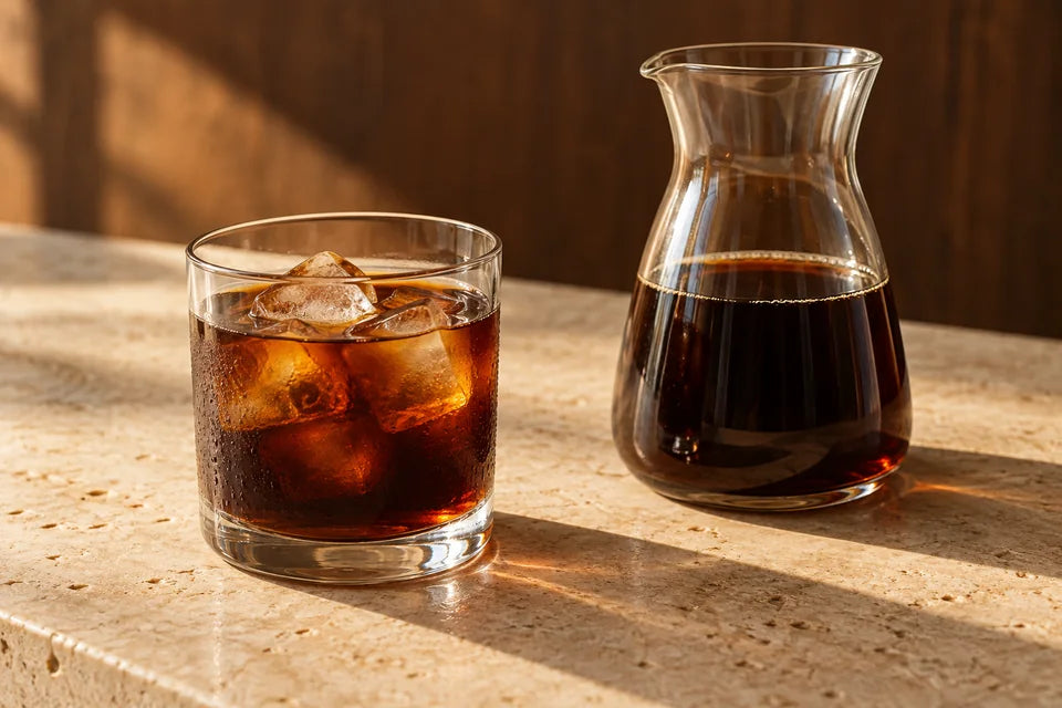 Black coffee over ice beside a small glass carafe on warm stone