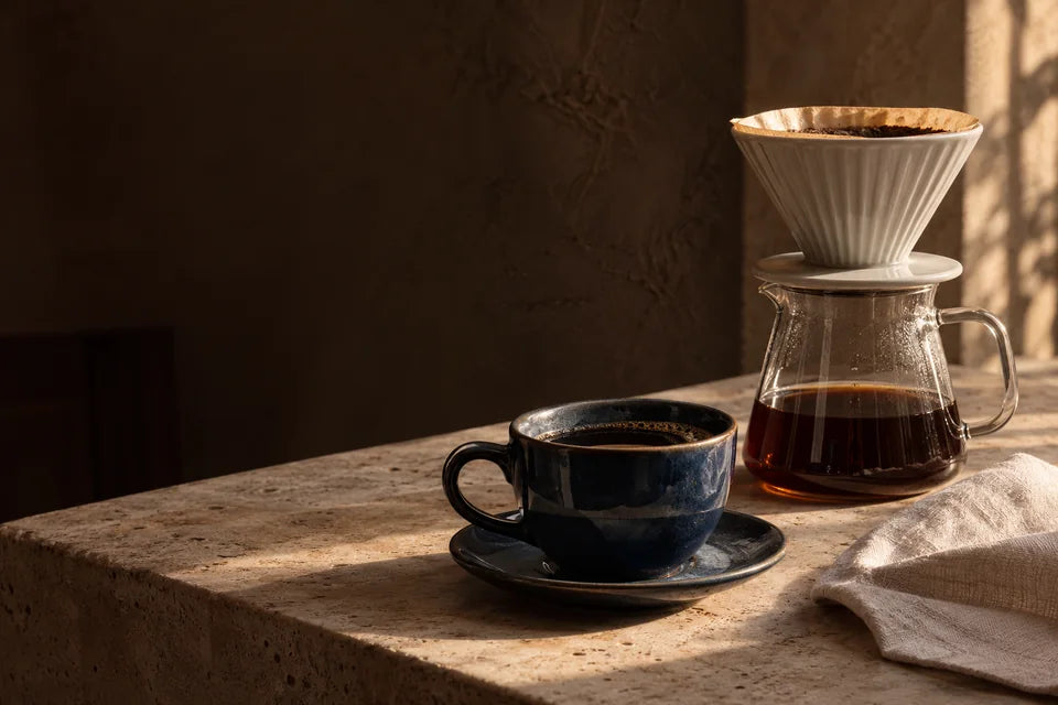 A ceramic pour-over dripper on a glass server beside a navy coffee cup in warm window light