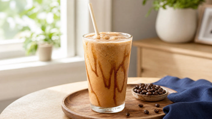 A thick blended iced coffee with a frosty texture fills a tall glass with a paper straw.
