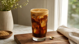 A brown sugar shaken espresso shows a foamy top, caramel-colored swirls, and clear ice.