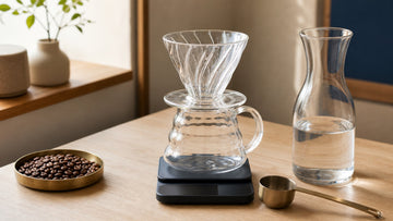 A brewing vessel rests on a digital scale beside measured coffee beans and a glass water carafe.