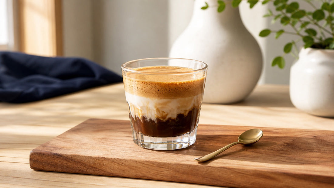 A cortadito in a small glass cup is topped with brown sugar espuma and a ribbon of half-and-half.