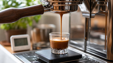 A centered espresso stream flows from a bottomless portafilter into a shot glass on a scale.