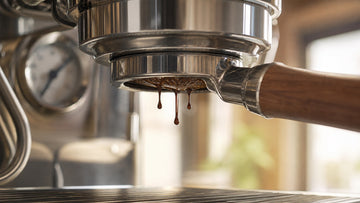 The first espresso drops form beneath a portafilter beside an espresso machine pressure gauge.