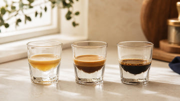 Three espresso shots show pale, balanced, and overly dark extractions side by side.