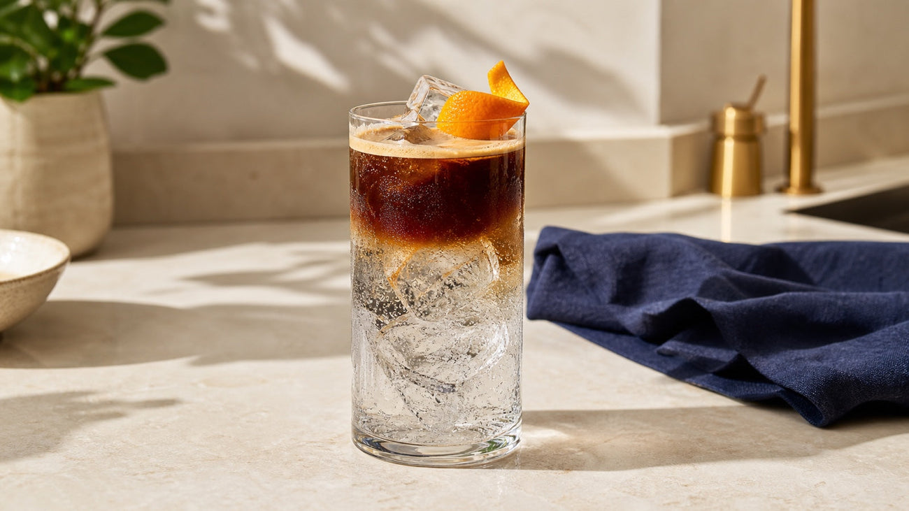 Espresso floats above sparkling water and ice in a tall glass with an orange peel twist.