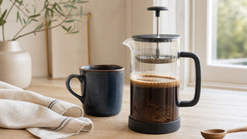 Bloomed coffee grounds steep in a clear French press with the plunger raised beside a navy mug.