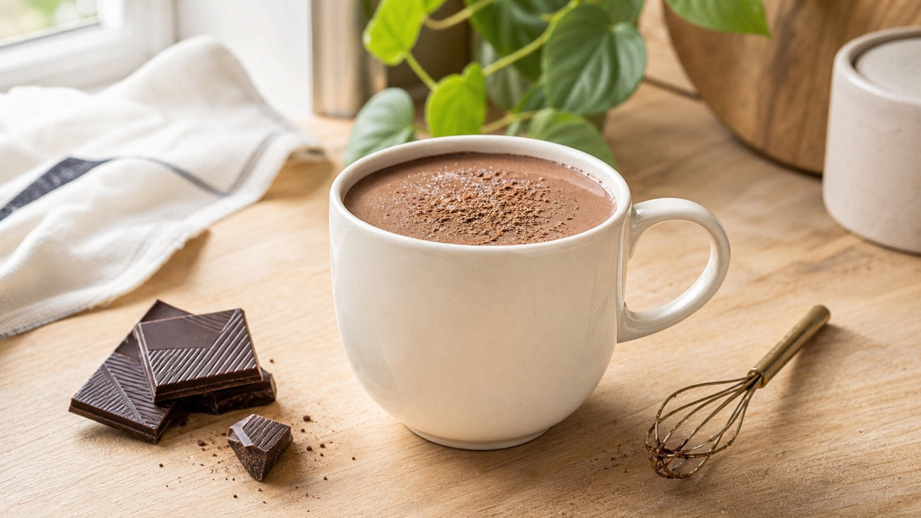 A homemade mocha dusted with cocoa sits beside dark chocolate pieces and a small whisk.