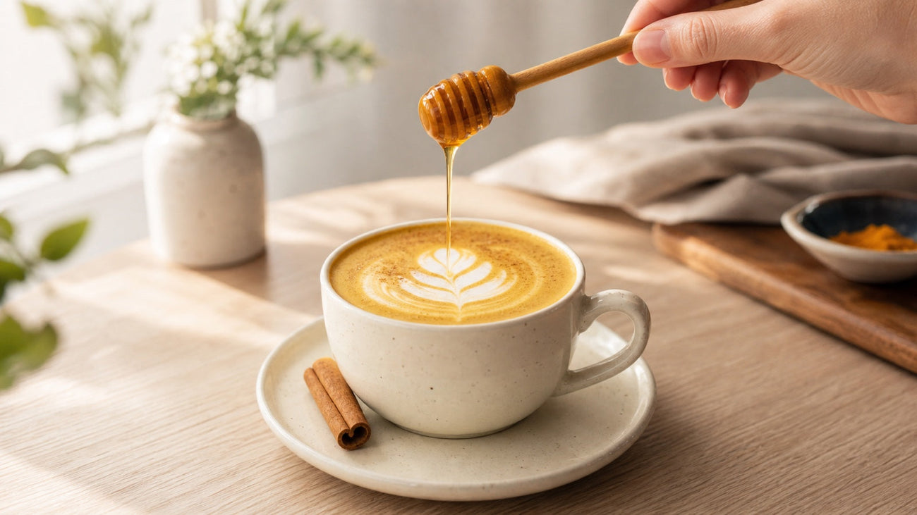 Honey drizzles from a dipper above a cinnamon latte in a cream ceramic cup.