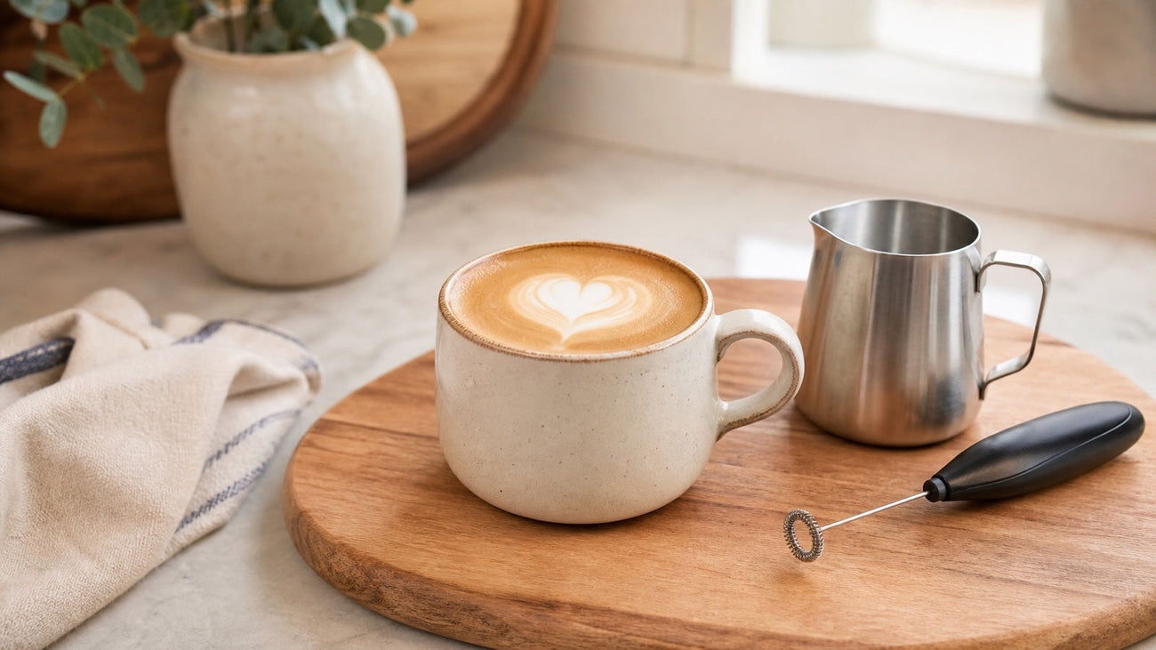 A homemade latte with heart-shaped foam art sits beside a small frothing pitcher and handheld frother.