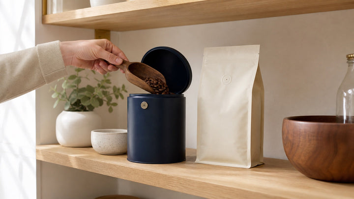Whole coffee beans are placed into an airtight navy canister beside a valve coffee bag.