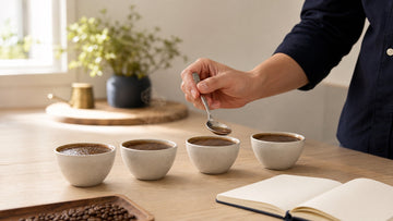 A hand lifts a cupping spoon above several bowls of coffee during a tasting session.