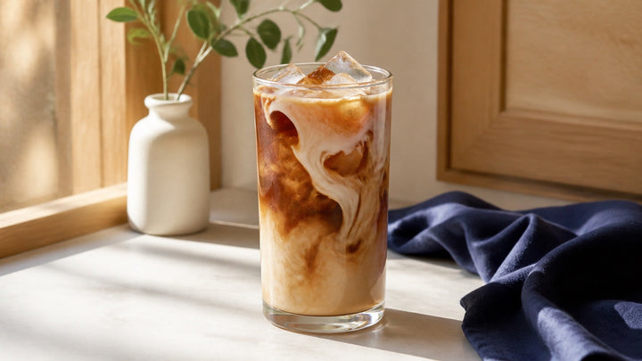 Milk swirls through espresso and clear ice cubes in a tall glass of iced latte.