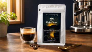 A Coffee Crate Resurrection Espresso bag sits beside a double espresso with rich crema.