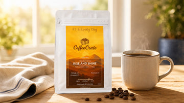 A Coffee Crate Rise & Shine coffee bag sits beside a steaming mug in warm sunrise light.