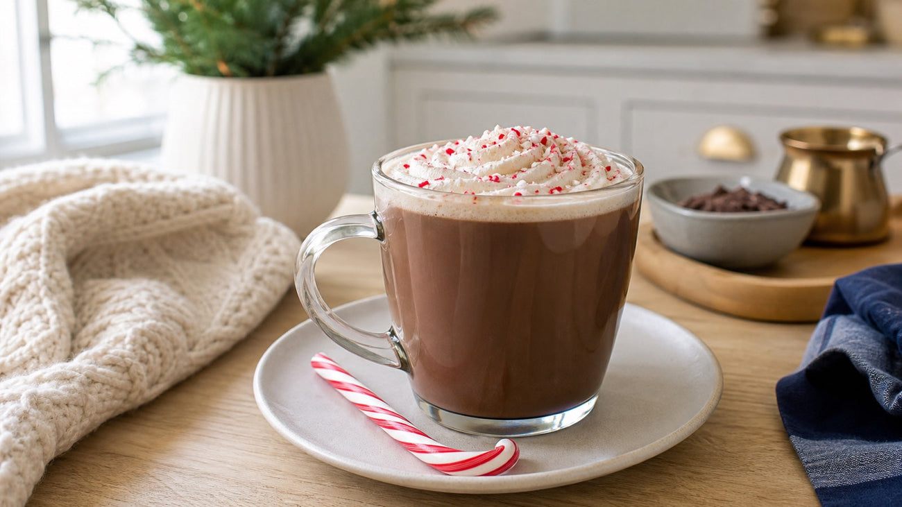 A homemade peppermint mocha is topped with whipped cream and crushed peppermint beside a candy cane.