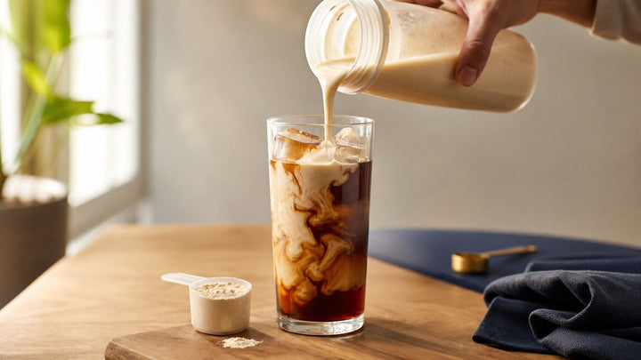 A creamy protein shake is poured into cold brew over ice beside a scoop of protein powder.