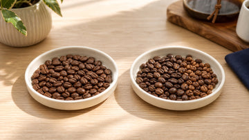 A uniform group of roasted beans is compared with a subtle blend of two bean profiles.