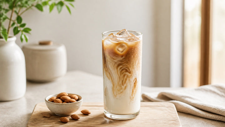 A light-colored iced latte swirls around clear ice in a tall glass on a bright counter.