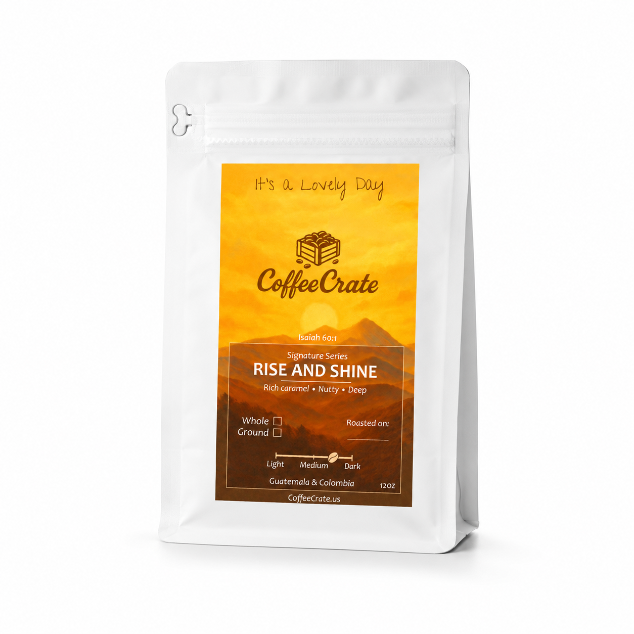 Coffee Crate Rise & Shine coffee bag, front of pack