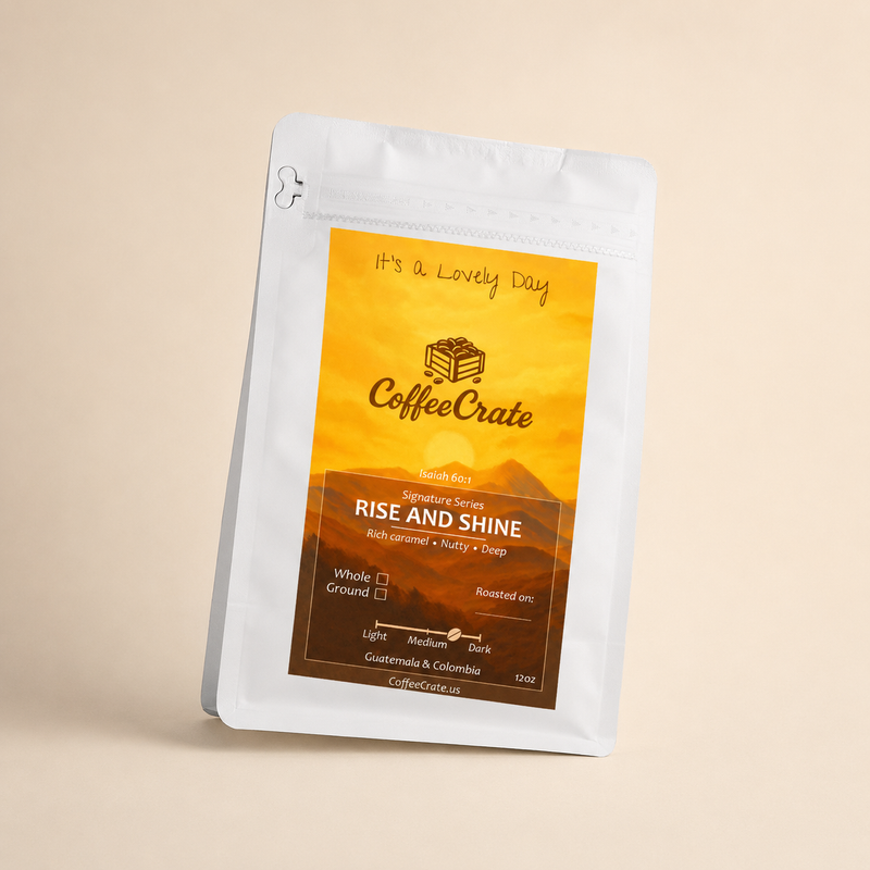 Coffee Crate Rise & Shine medium-dark roast coffee bag