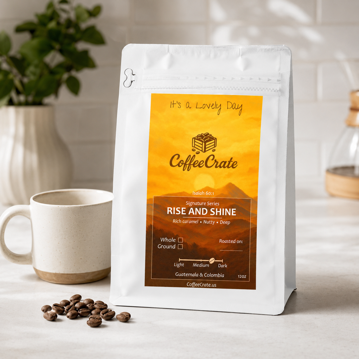 Coffee Crate Rise & Shine coffee bag on a kitchen counter with a mug and coffee beans