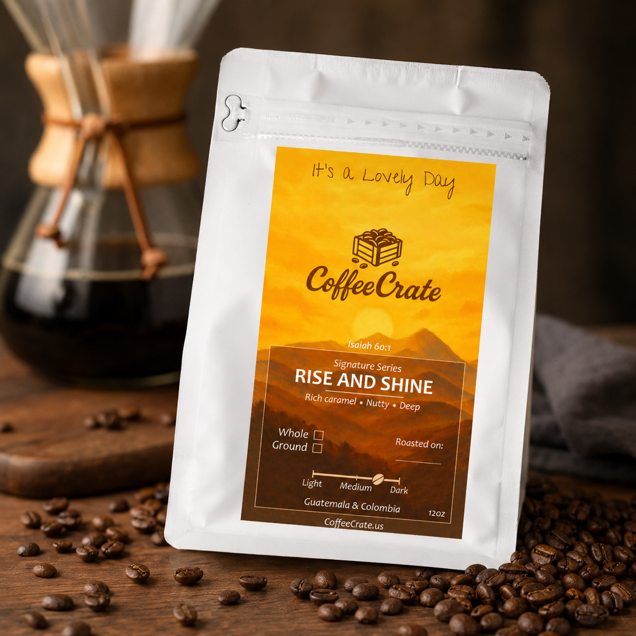 Coffee Crate Rise & Shine coffee bag on dark wood with a Chemex pour-over and scattered coffee beans