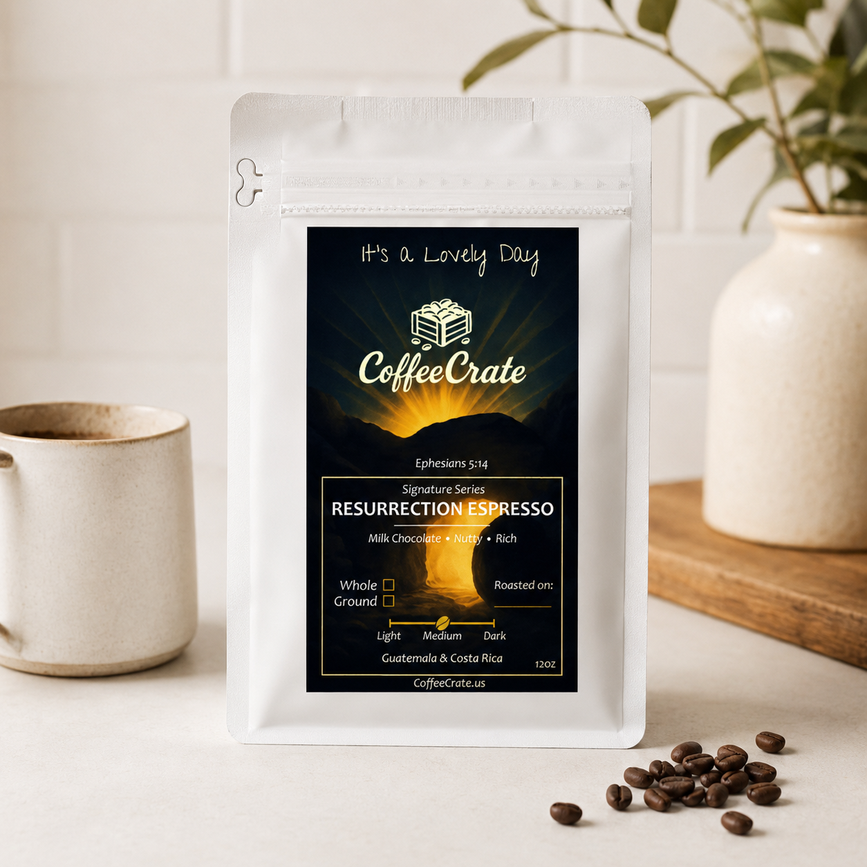 Coffee Crate Resurrection Espresso coffee bag on a kitchen counter with a mug and coffee beans
