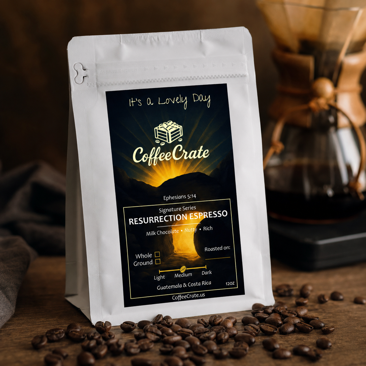 Coffee Crate Resurrection Espresso coffee bag on dark wood with a pour-over and scattered coffee beans