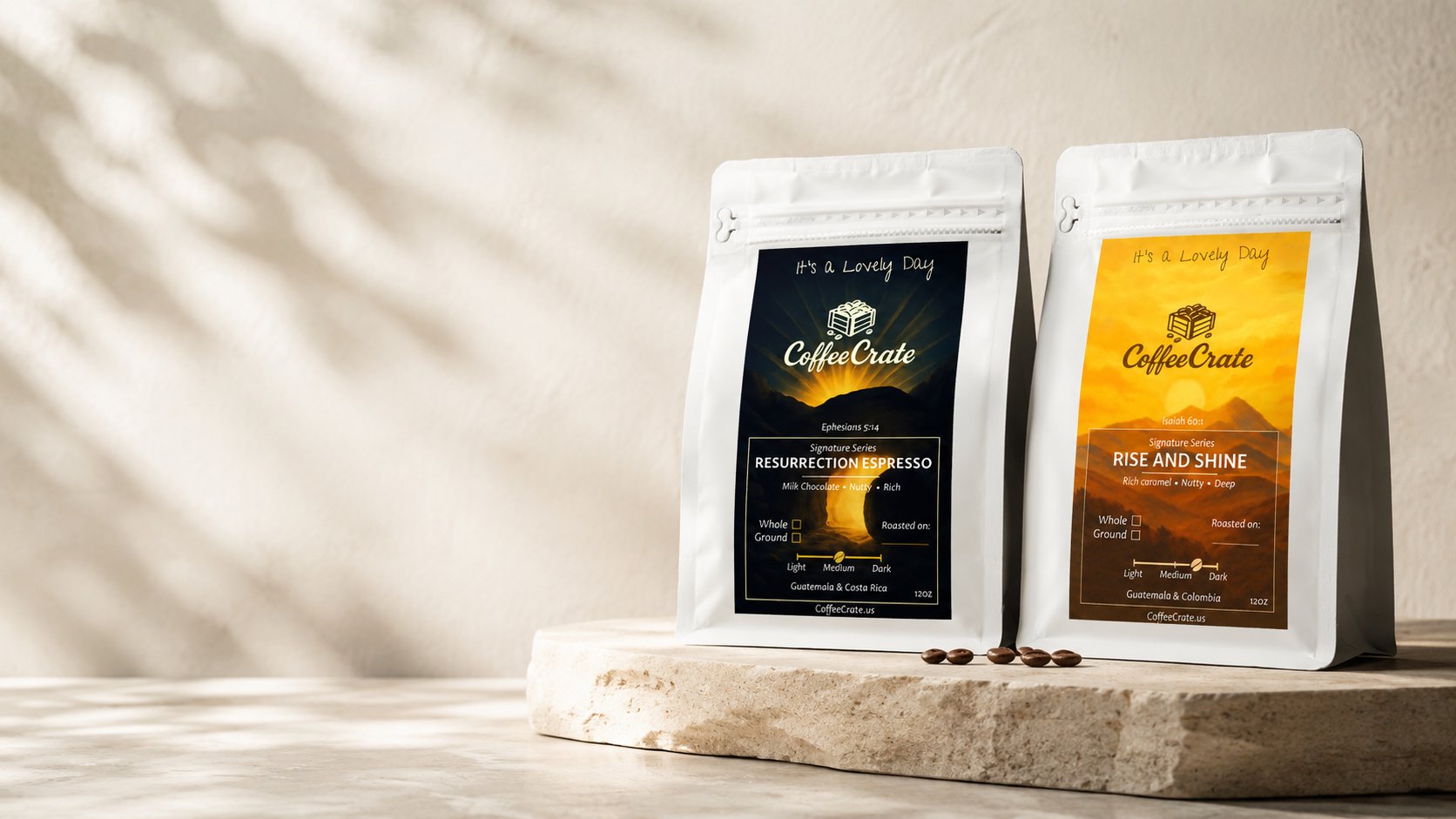 Coffee Crate Rise and Shine and Resurrection Espresso bags on a stone slab in warm morning light
