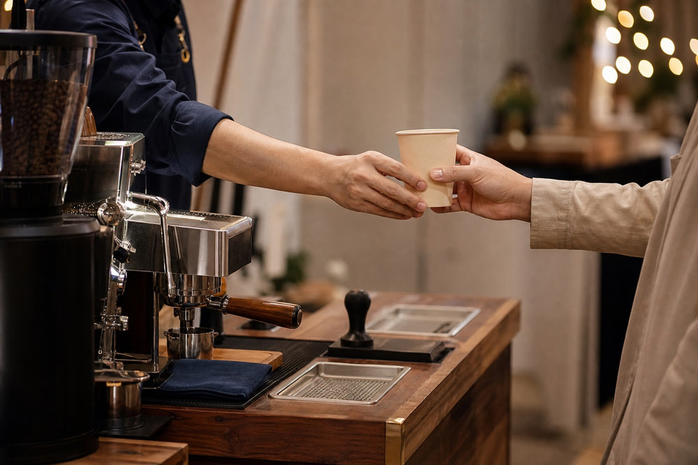 A fresh coffee is handed across a compact mobile coffee cart at an event.