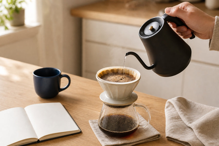 A hand pours water over coffee beside a notebook and mug during a home brewing lesson.