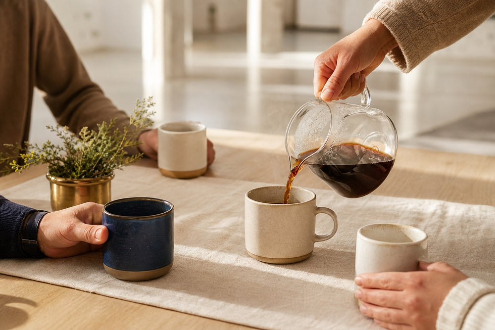 Hands gather around a table as fresh coffee is poured into several mugs.