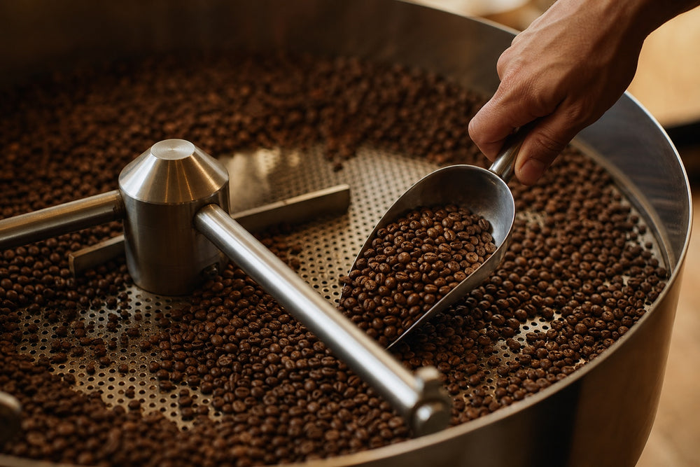 Freshly roasted coffee beans are carefully moved across a small-batch cooling tray.