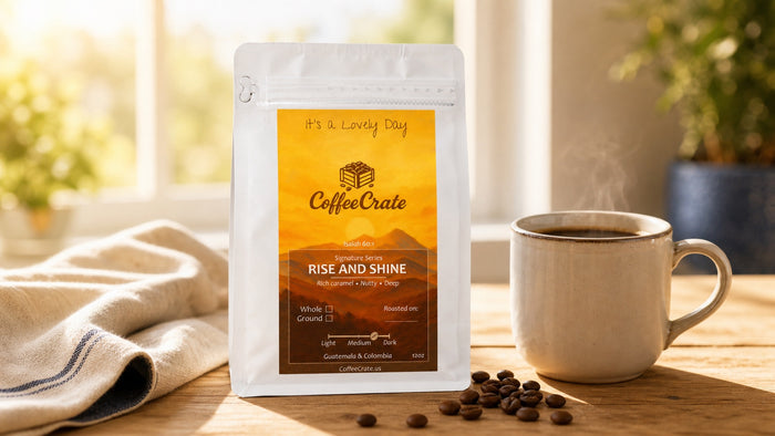 A Coffee Crate Rise & Shine coffee bag sits beside a steaming mug in warm sunrise light.