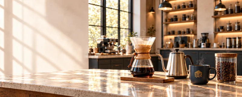 Illustrative Brew Labs counter with a pour-over brewer, kettle and coffee cup.