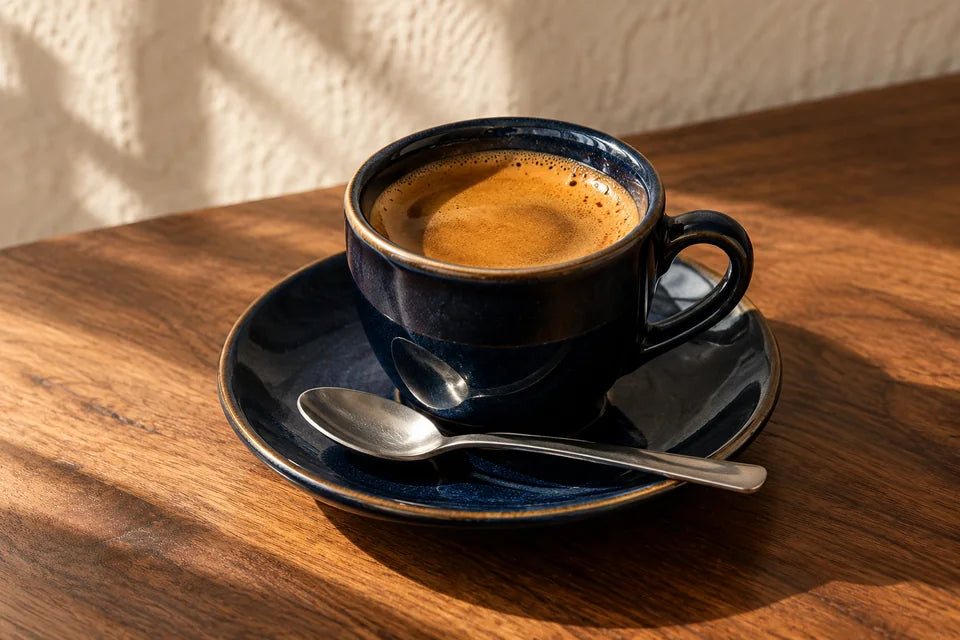Espresso in a navy ceramic cup and saucer beside a small spoon