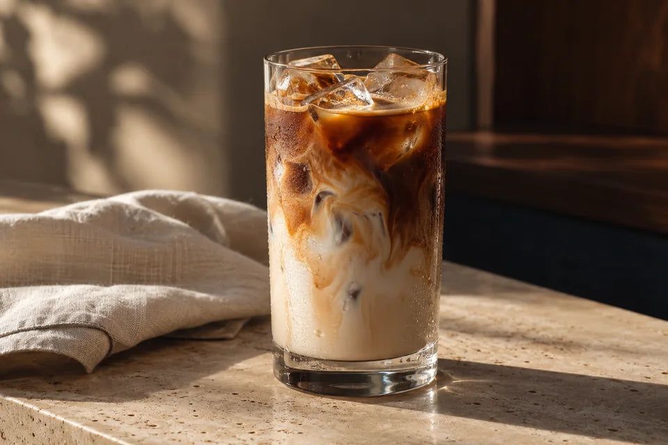 An iced latte in a clear glass with ice and soft coffee-and-milk marbling