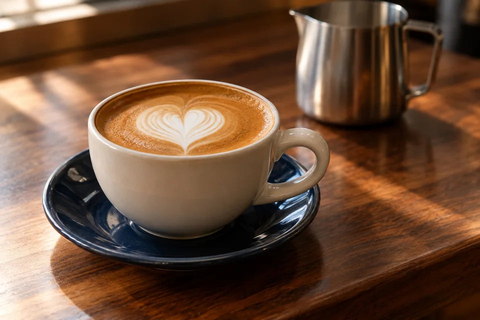 A heart-shaped latte design in an ivory cup on a navy saucer
