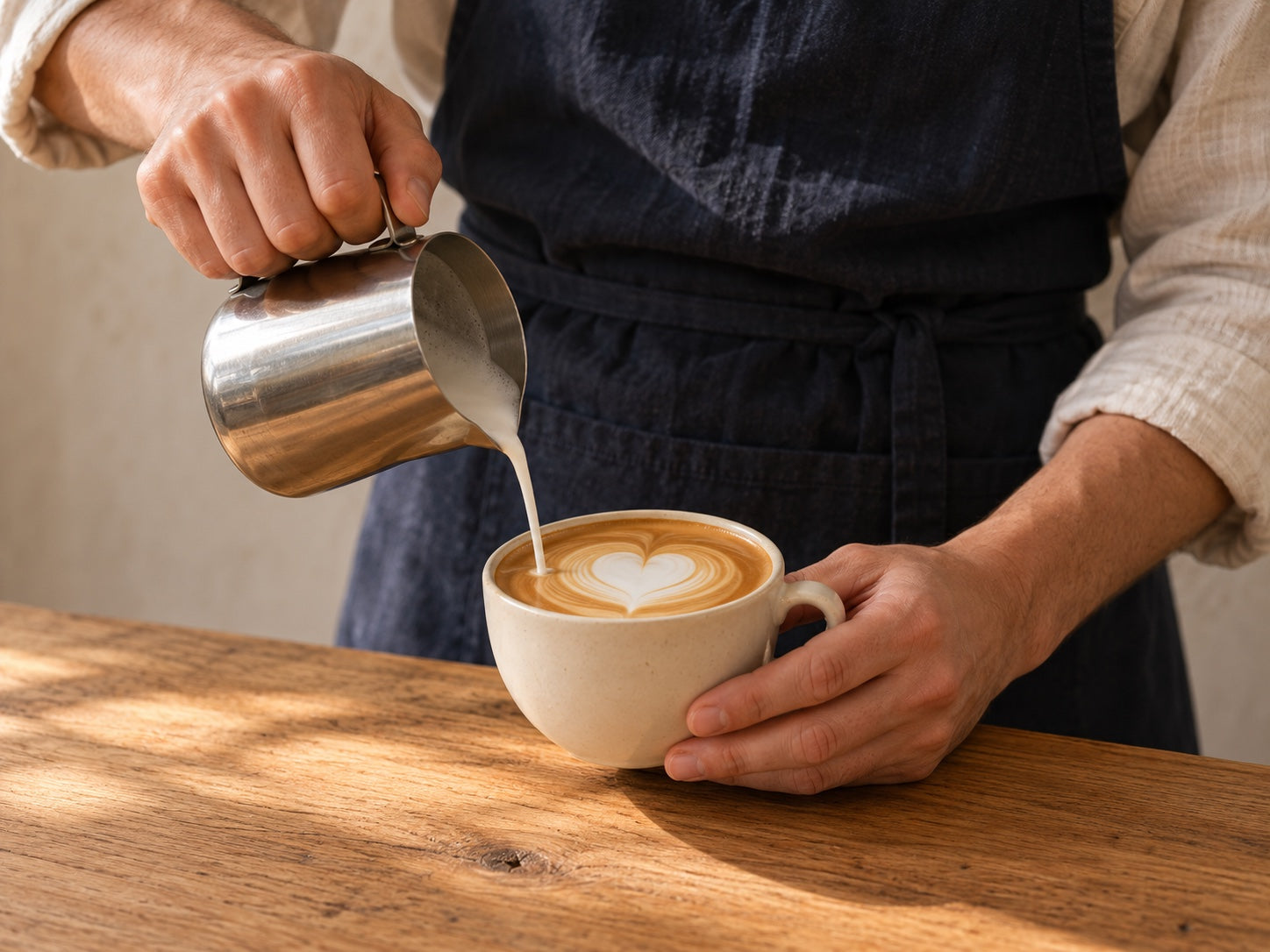 A close view of milk being poured into a cream latte cup.