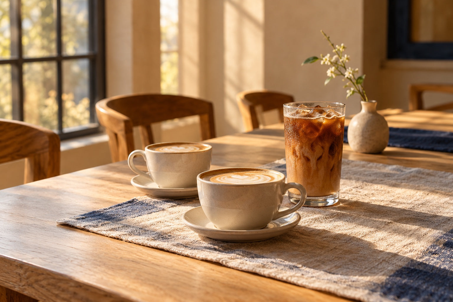 Two lattes and an iced coffee on a sunlit oak gathering table.