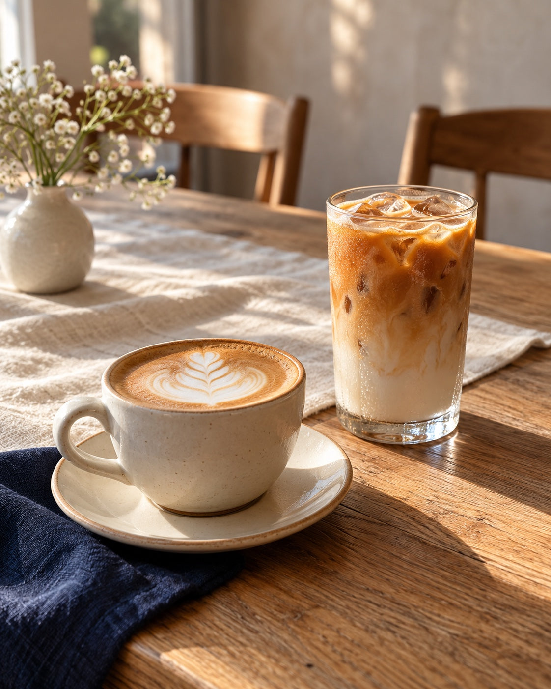 A cappuccino and iced latte on an oak table with linen.
